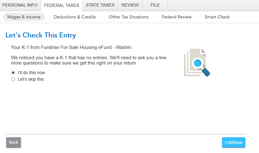 This is the screen after entering the  schedule K-1 with no box 1, 2, 3 income
