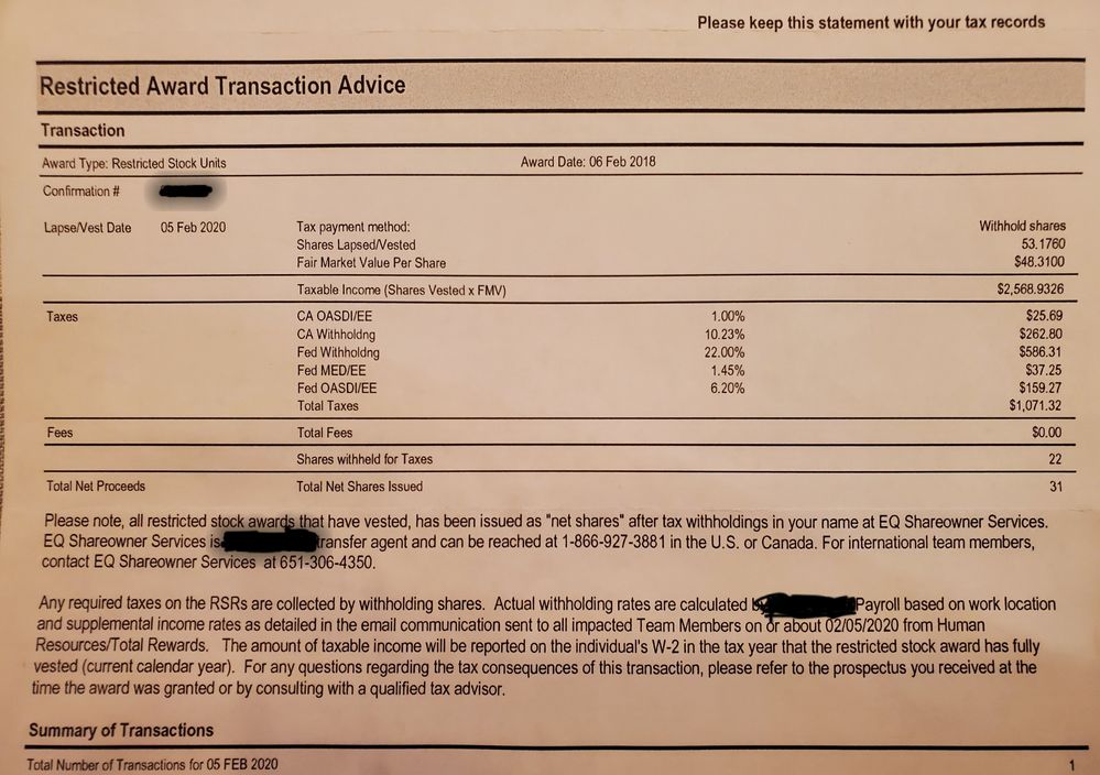 Restricted share sale receipt