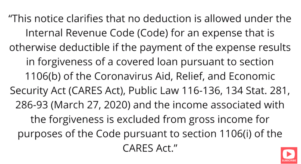 It took me a while to find  . Thought I would share this important tax information regarding PPP . You cannot claim deductions that were paid with loan money. IRS is strict about double dipping.