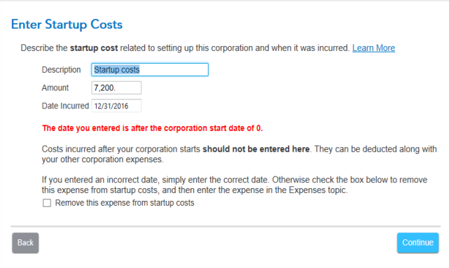Example startup costs