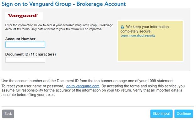 Vanguard Brokerage Account Import Prompt - CD TurboTax Premier 2021