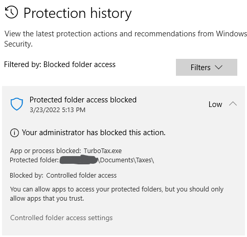 Here I tried to save in a Taxes folder under Documents (which is controlled).