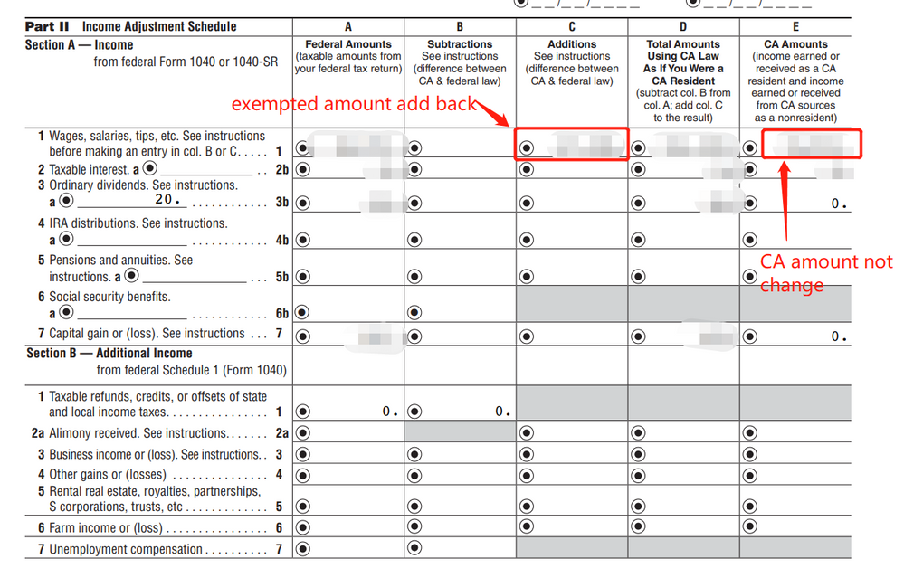 The TurboTax software add back the exempted  tax treaty amount in Line 1 column C. The CA amount is still the same since the tax treaty exempted amount is Non-CA source income