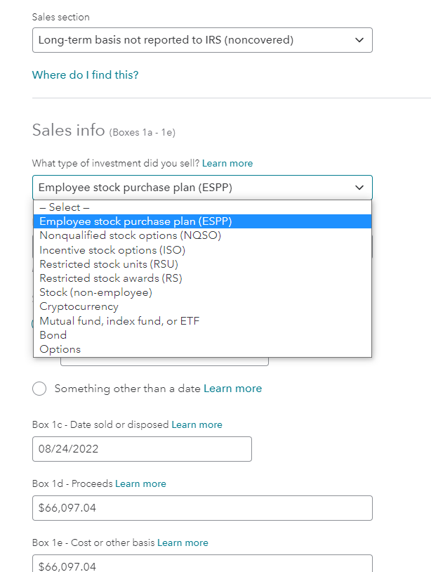drop down menu Type of Investment ...