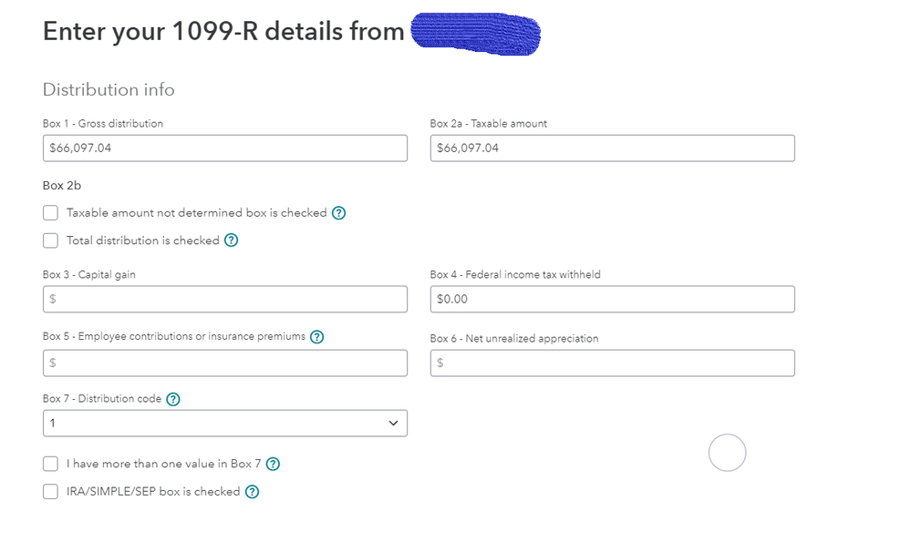 1099-R  with code for box 7 and IRA... Not checked  matching my report.