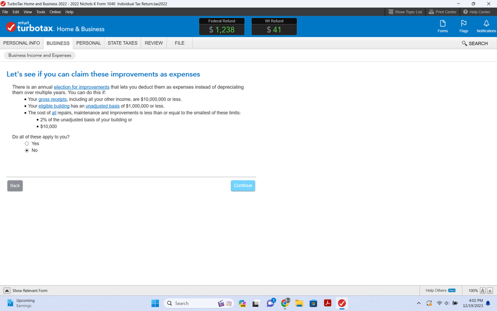 Improvements as expenses question "NO"