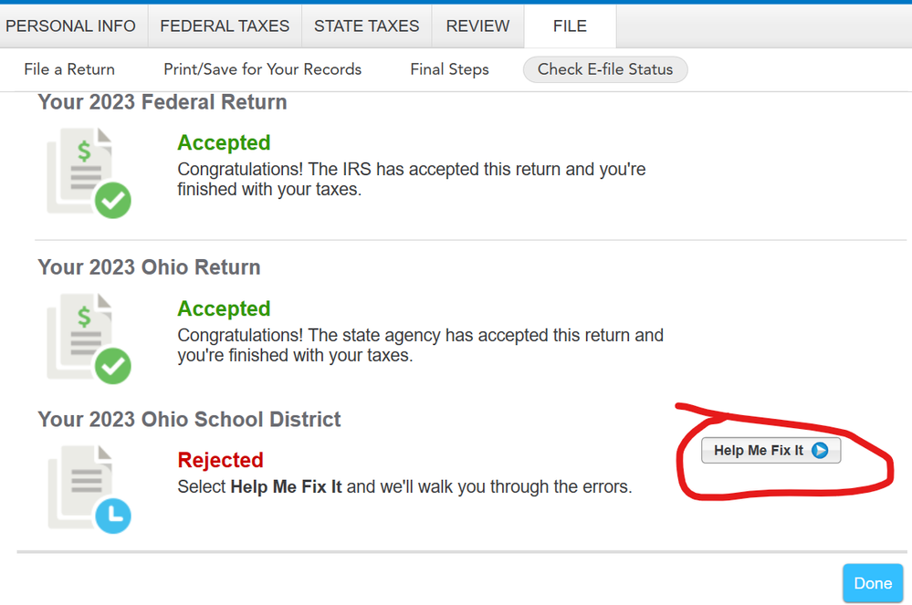 My ohio school district tax return was rejected with code ohpit068