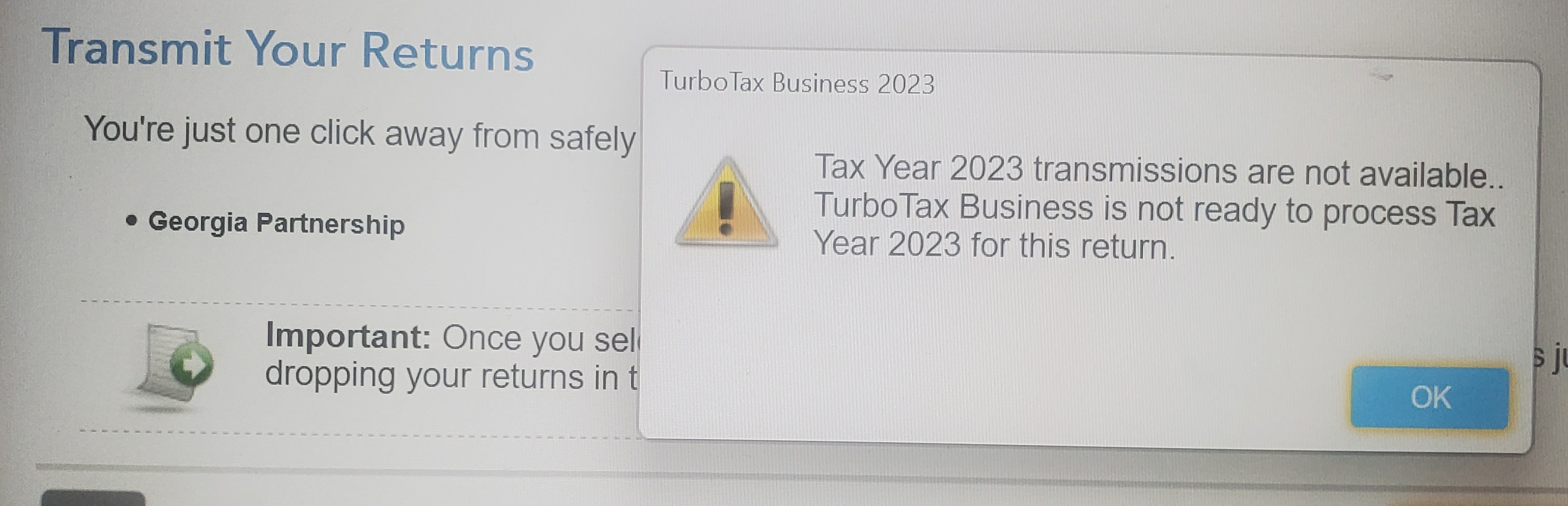TurboTax Business 2023 transmissions are not available. Page 7