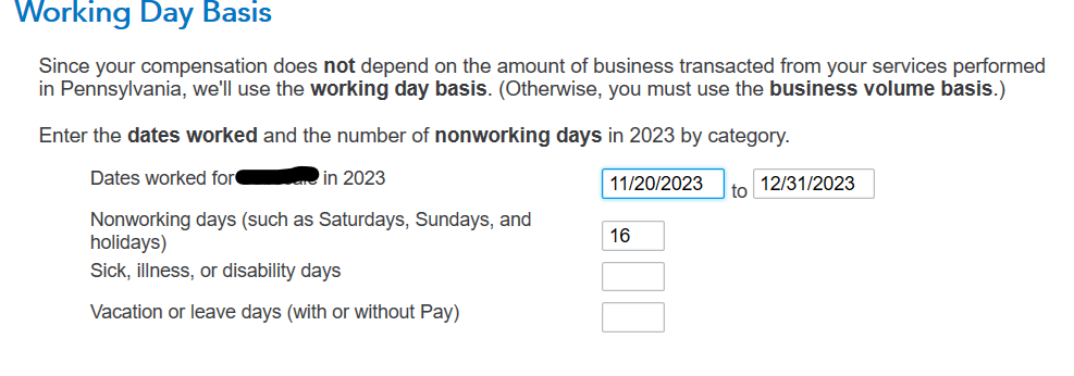 Entry to calculate days in PA