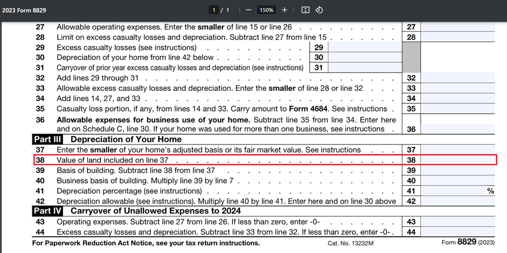 Line 38 Value of LAND, Form 8829 Expenses for Business Use of Your Home.png