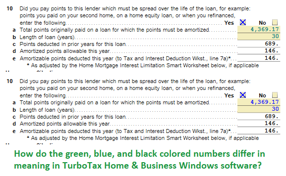 How do the green, blue, and black colored numbers differ in meaning in TurboTax Home & Business Windows software.png