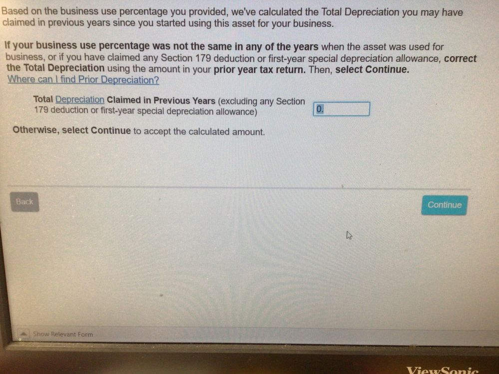 screenshot for filling in prev depr total 0