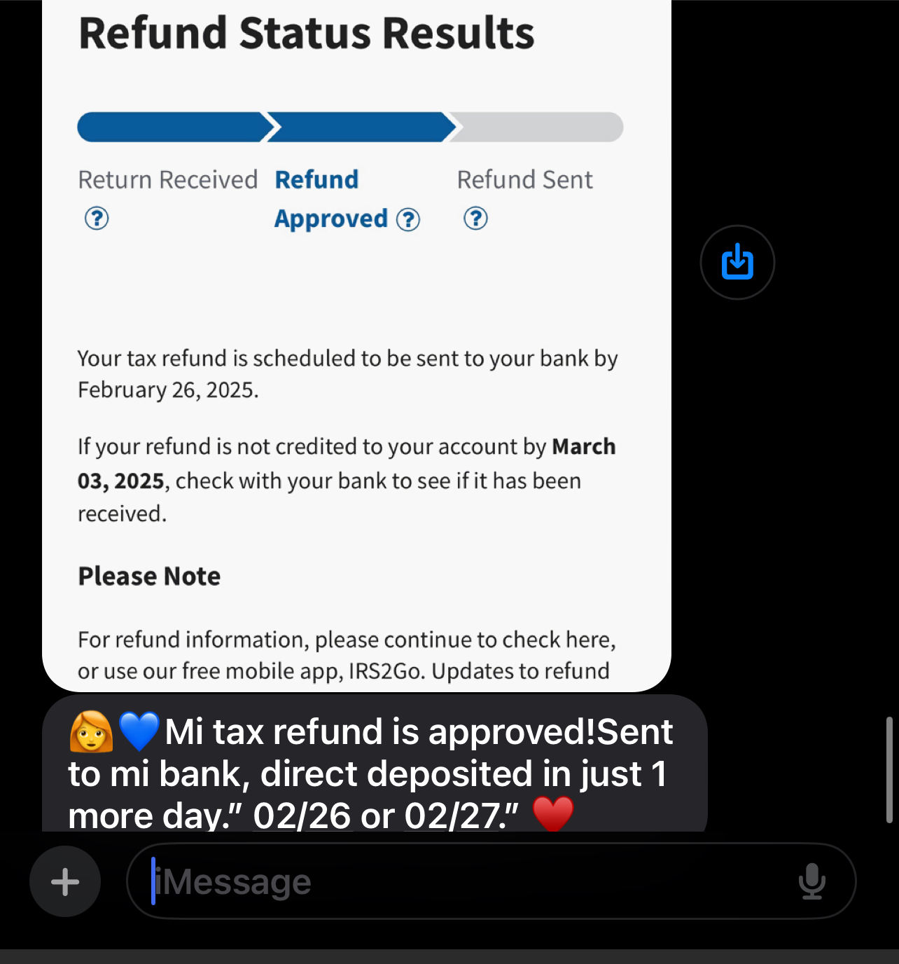 I got a direct deposit date of 2/24/2025 and paid for five days earlier  when will I receive my refund?, image size:1284x1376