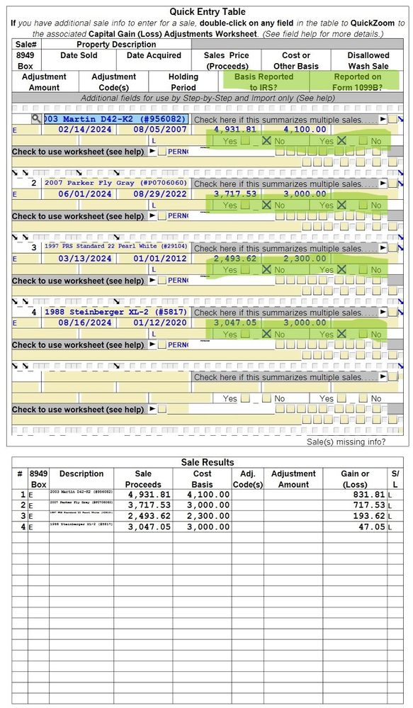 Detail capital gains in the worksheet and make sure "basis reported" = No, "Reported on 1099B" = Yes.