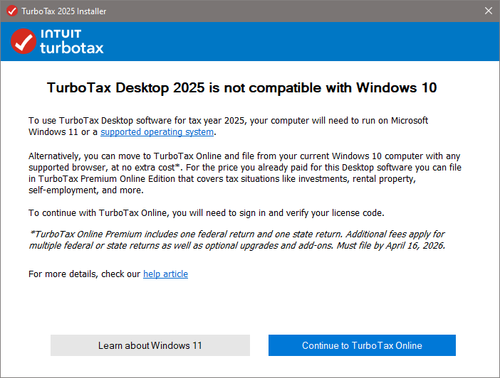 2025-11-07 TurboTax Desktop 2025 is not compatible with Windows 10.png