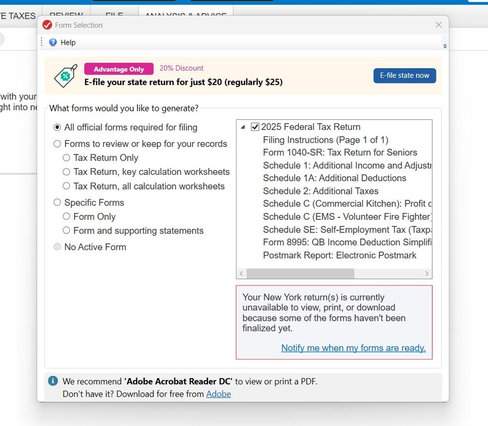 No pritn selection below the note about state forms not avilable