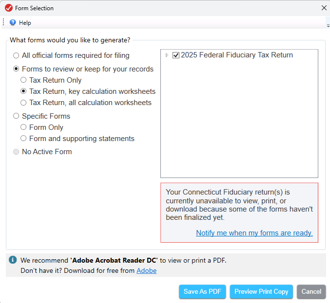 Message noting CT forms not final