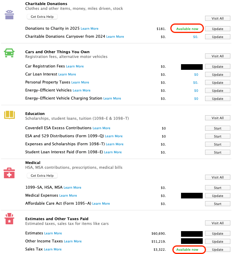 Deductions & Credits Page