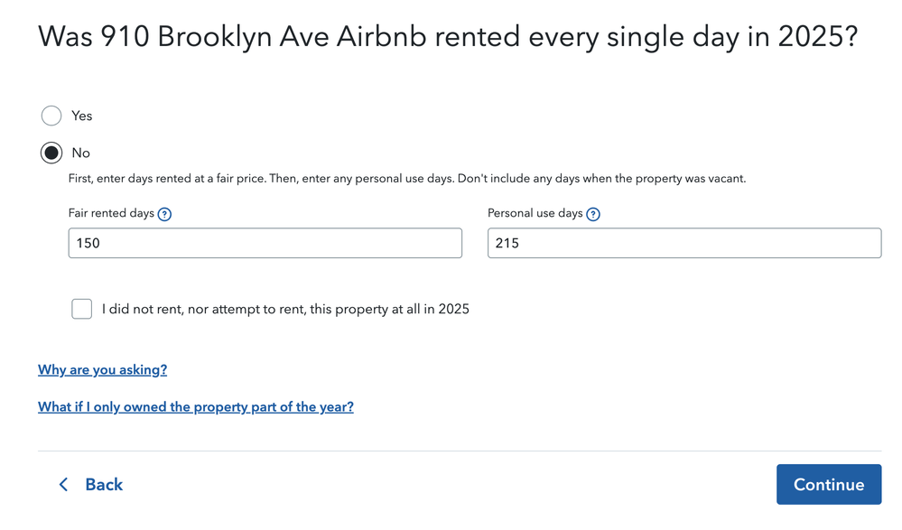Then, it asks for number of days rented vs. personal use days.