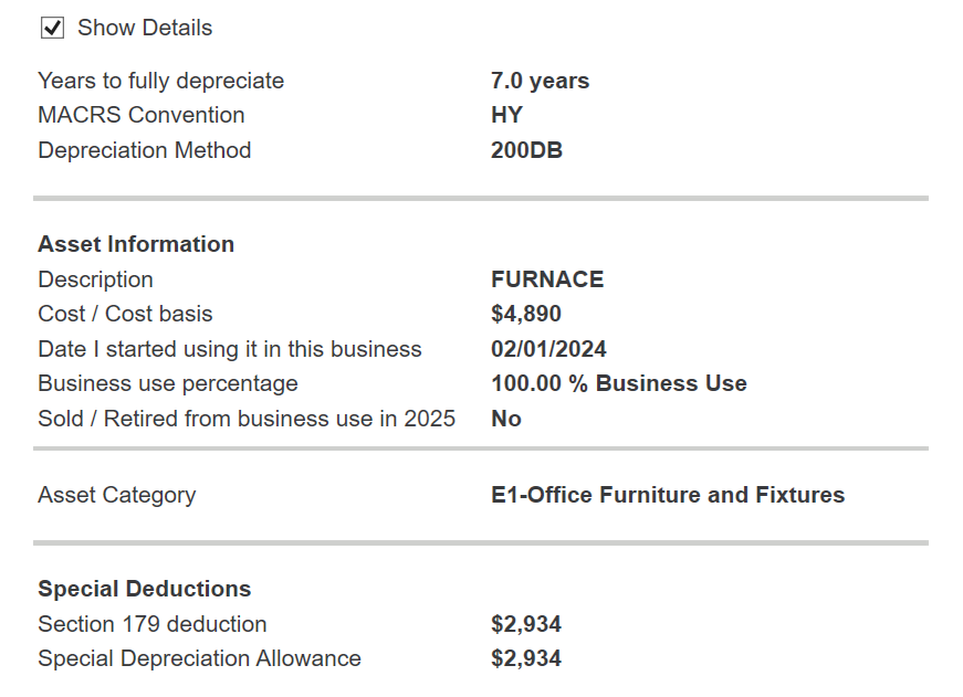 2nd furnace depreciation detail page