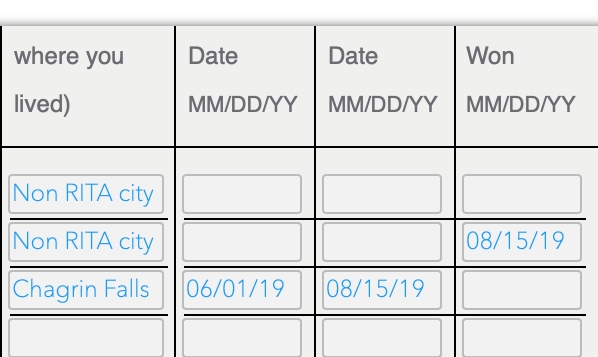 As I was prompted to enter the From, Thru, and Won dates, the information was placed in the bottom, bottom, and middle rows respectively.