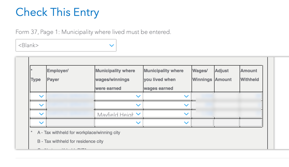 The first time I was prompted to enter the municipality, the information was placed in the bottom row (not in the top row, where I was expecting).