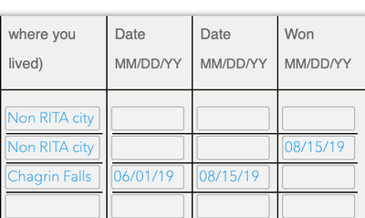 As I was prompted to enter the From, Thru, and Won dates, the information was placed in the bottom, bottom, and middle rows respectively.